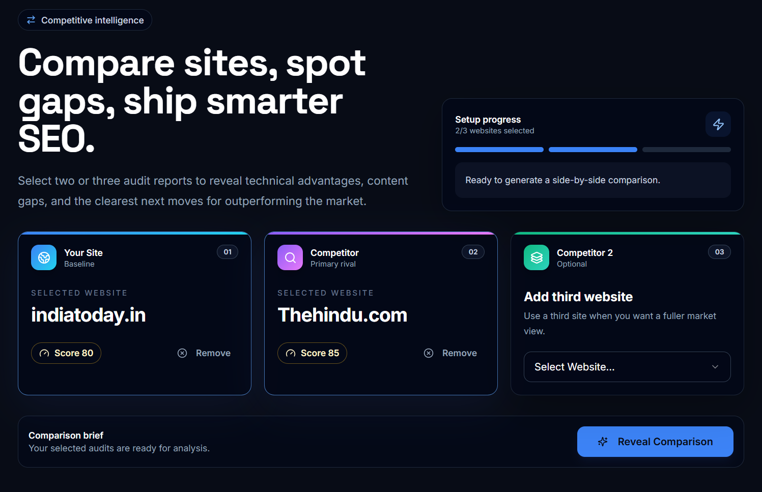 PitchSEO competitive comparison dashboard for selecting websites