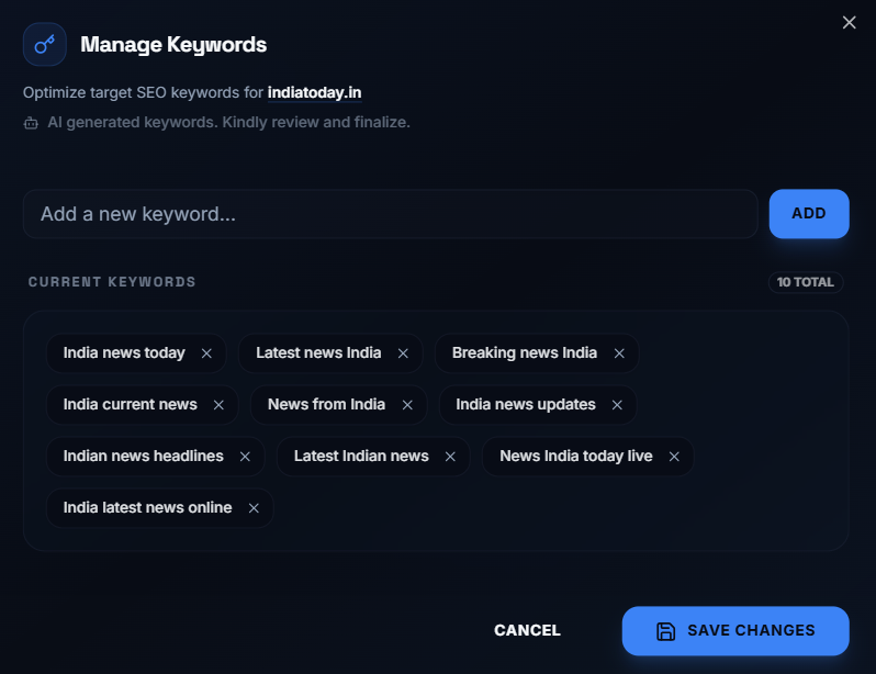 PitchSEO AI keyword workspace with target keyword review and smart guidance