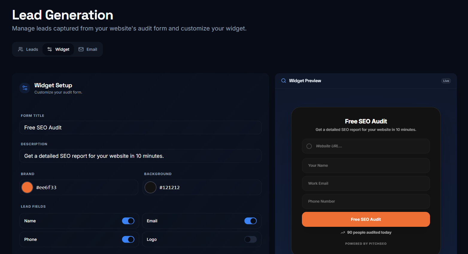 PitchSEO lead generation widget setup and preview