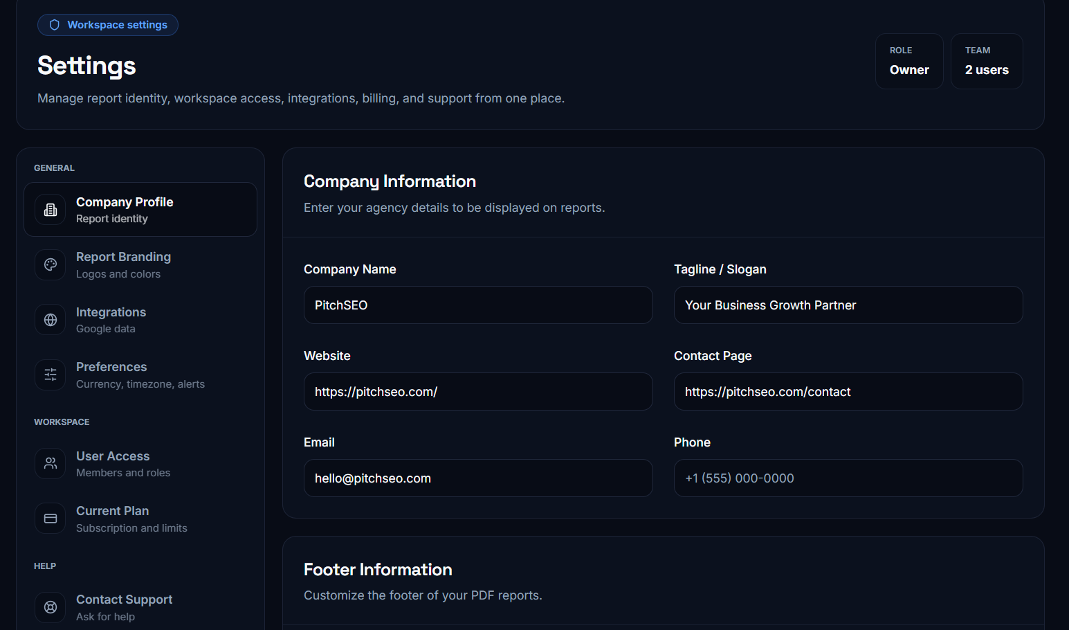 PitchSEO workspace settings for agency report identity