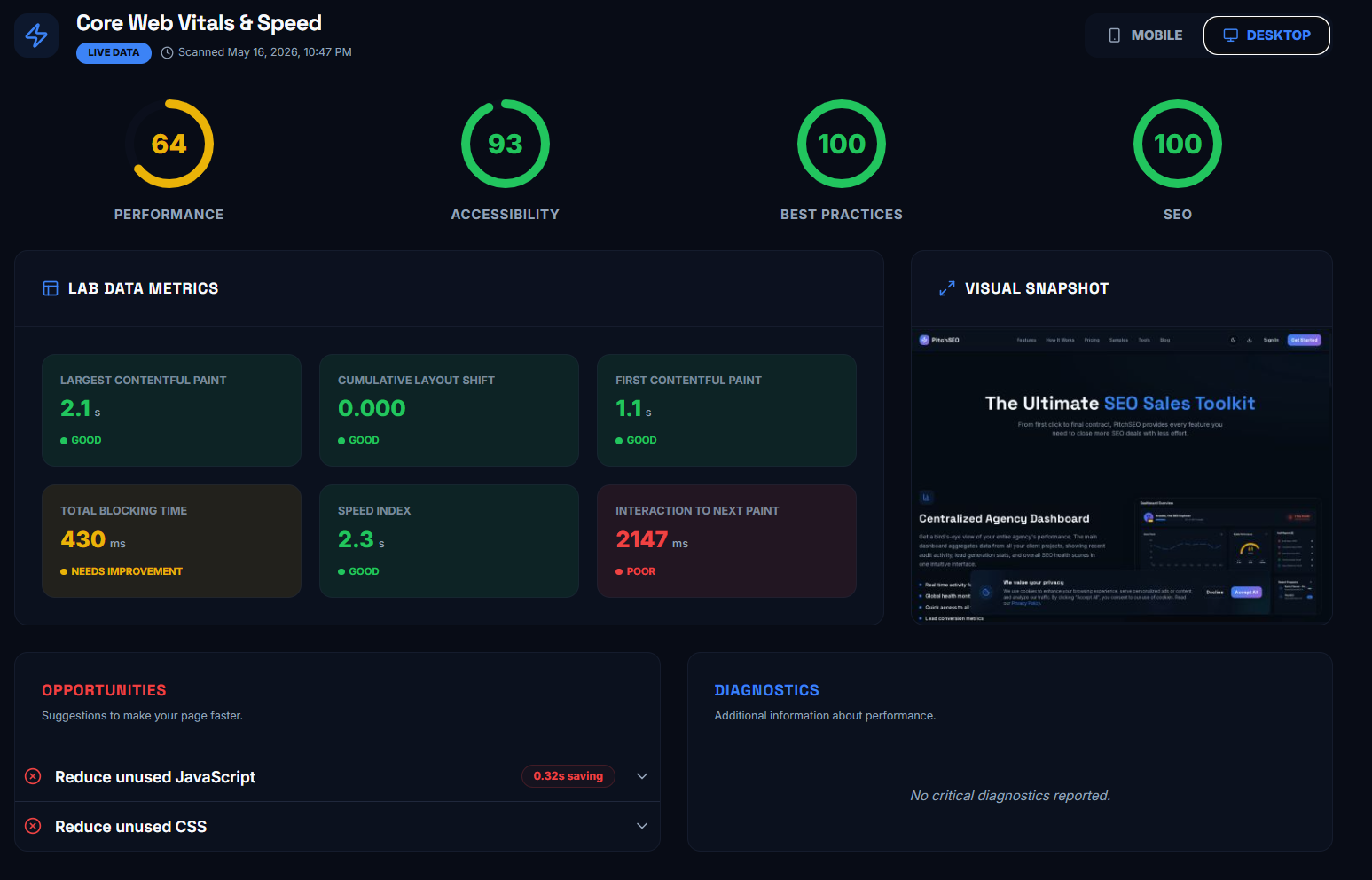 PitchSEO Core Web Vitals and speed analysis dashboard