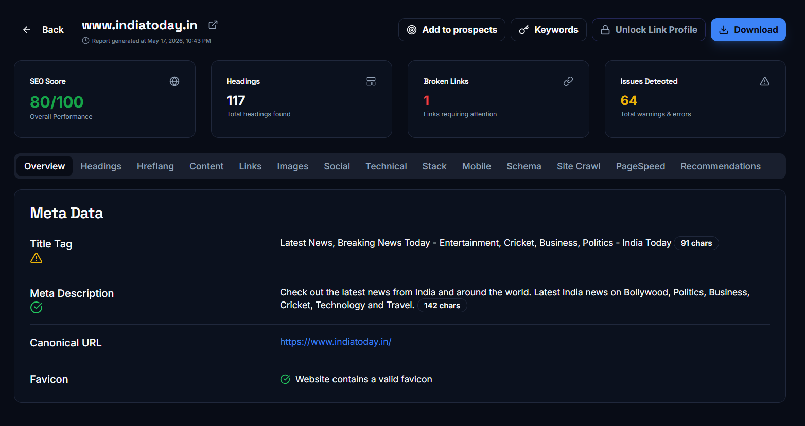 PitchSEO SEO report dashboard showing score, headings, broken links, and issues detected