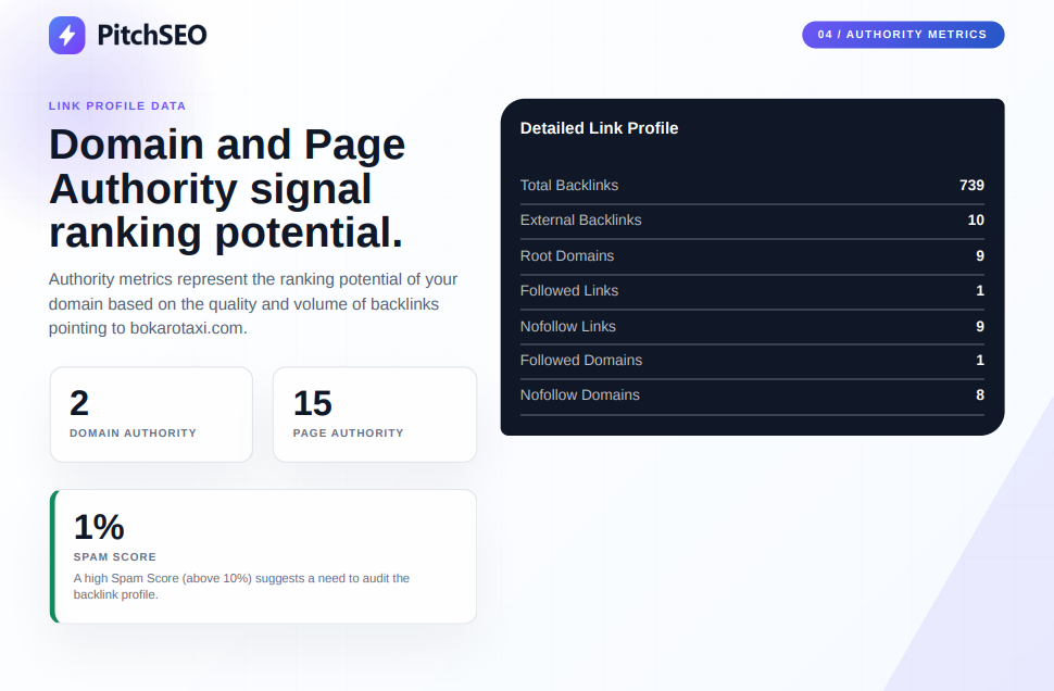 PitchSEO v28 domain intelligence sample report screenshot