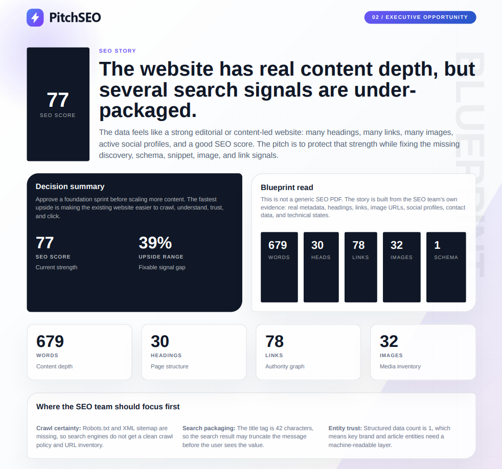 PitchSEO v28 executive overview sample report screenshot